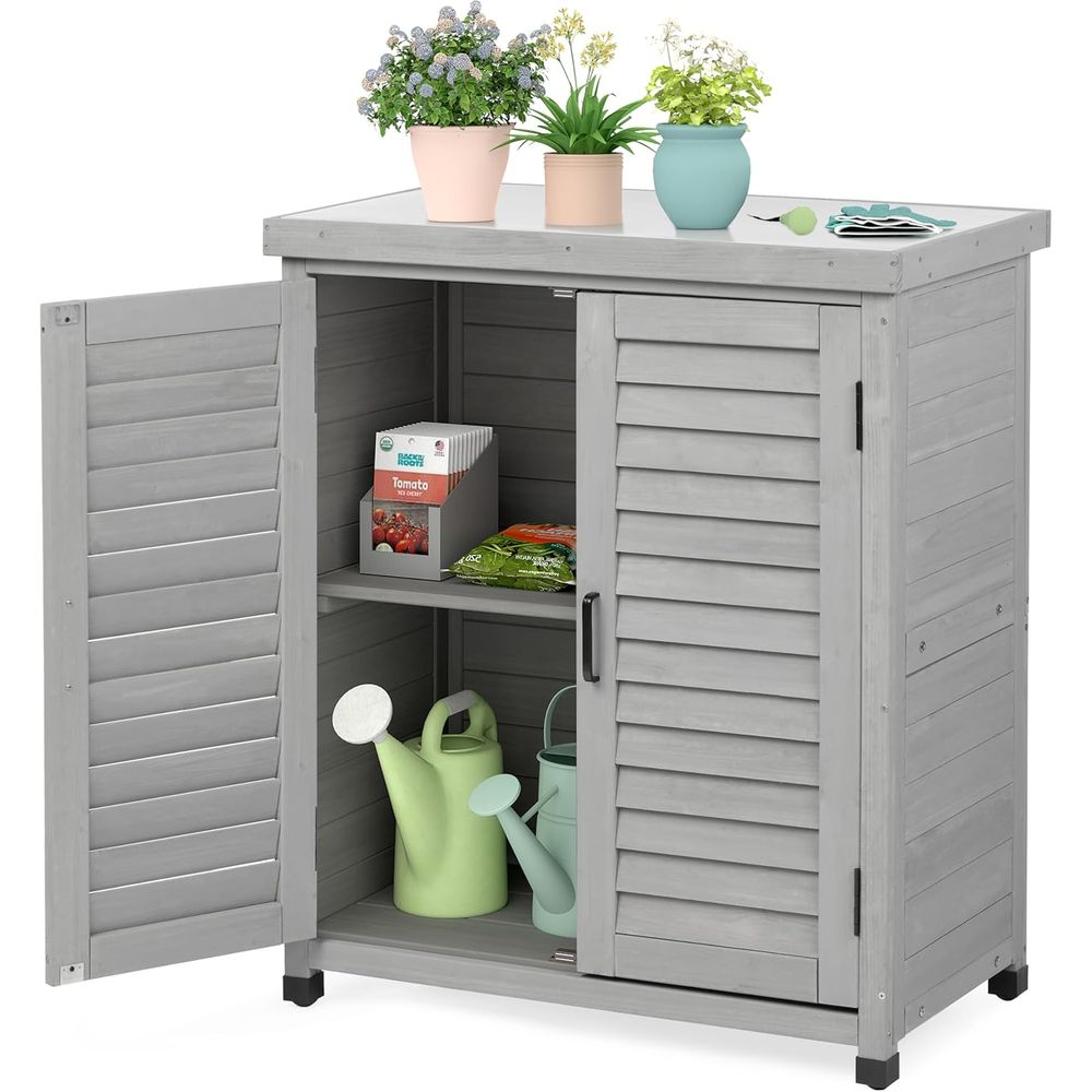 Outdoor Furniture Wooden - Outdoor-Aufbewahrungsschrank & Pflanztisch mit Metallplatte, Holz-Gartenmöbel,
