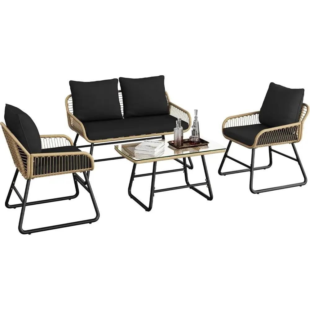 Outdoor Furniture Loveseat - 4-teiliges Outdoor-Rattan-Gartenmöbel-Set mit Kissen, Boho-Stil Loveseat