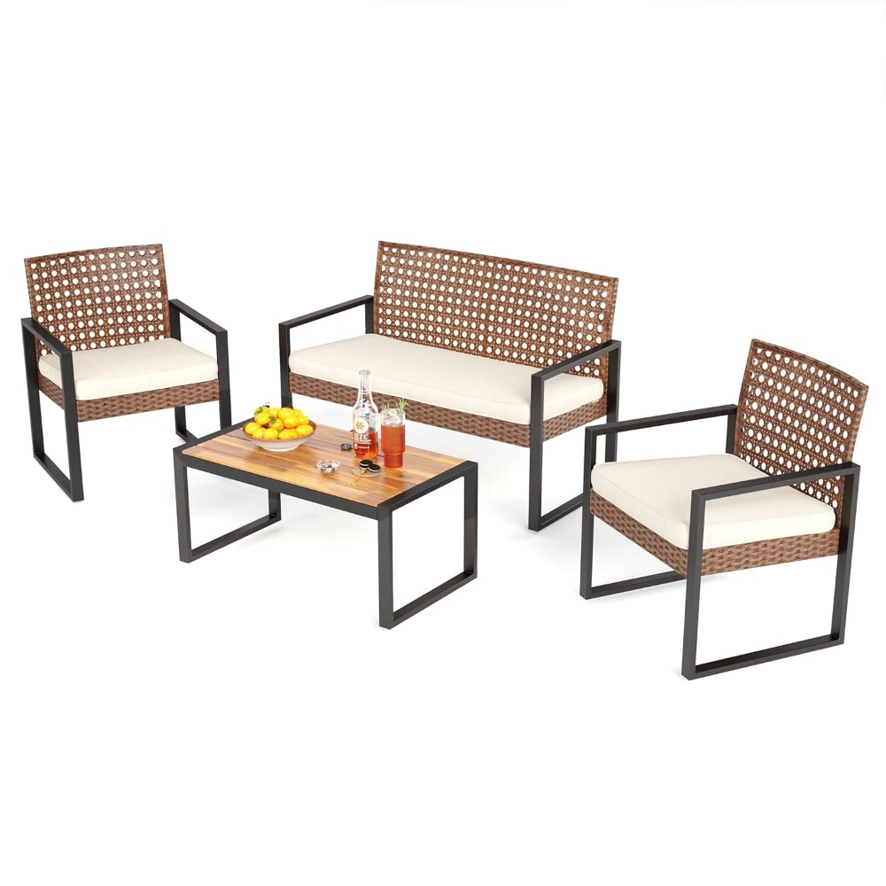 Outdoor Furniture Loveseat - Terrassen-Rattanmöbel-Set für 4 Personen, Braunes Rattan-Loveseat
