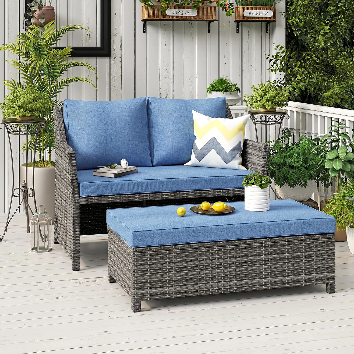 Outdoor Furniture Loveseat - Geflechtsofa für die Terrasse mit Aufbewahrungshocker,
