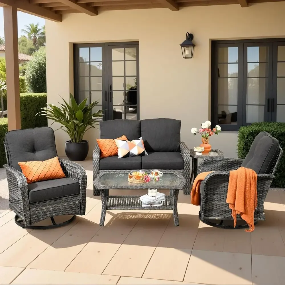 Outdoor Furniture Loveseat - 5-teiliges Gartenmöbel-Set mit drehbaren Schaukelstühlen, Zweisitzer,