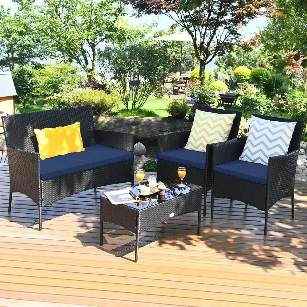 Outdoor Furniture Loveseat - 4-teiliges Outdoor-Gartenmöbel-Set aus Korbgeflecht mit Couchtisch