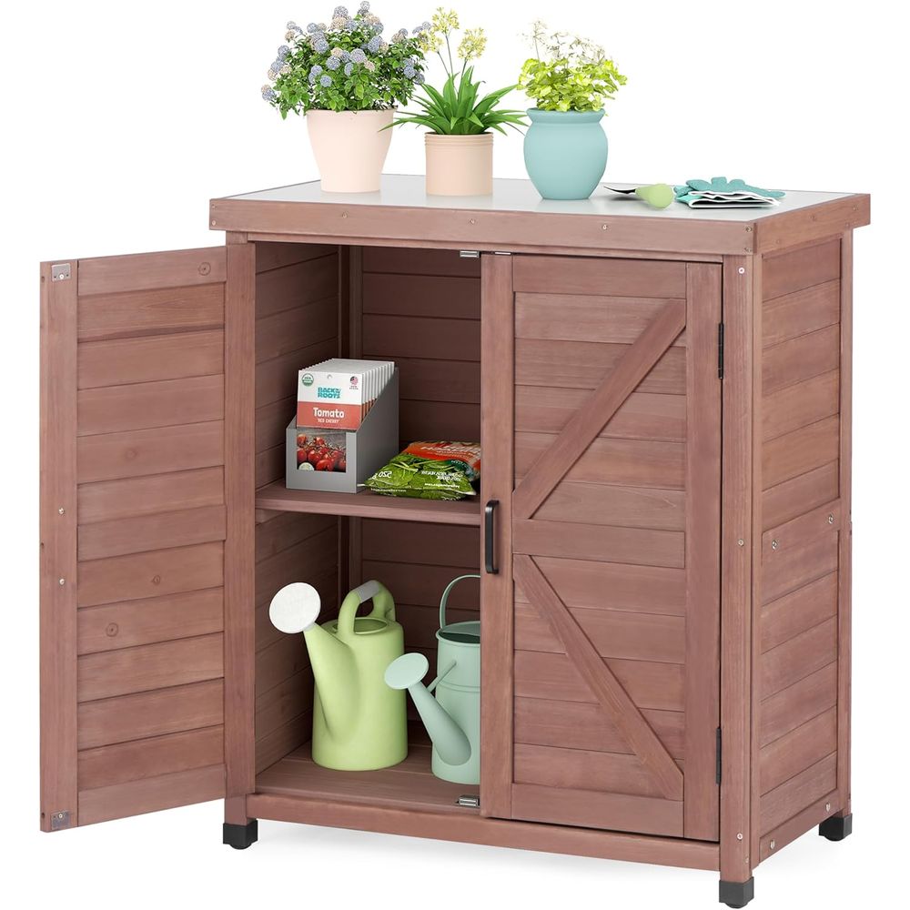 Outdoor Furniture Wooden - Gartenschrank & Pflanztisch mit Metallplatte, Gartenmöbel