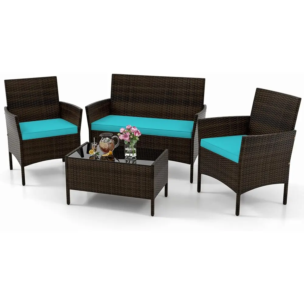Outdoor Furniture Loveseat - Türkises 4-teiliges Gartenmöbel-Set mit Zweisitzer, Korbstühlen